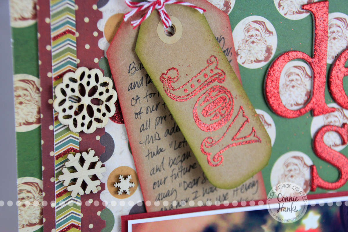 Connie Hanks Photography // ClickyChickCreates.com // Dear Santa layout using My Mind's Eye Vintage Christmas papers, tags, embossing, kraft tags, twine, wood veneer snowflake embellishments