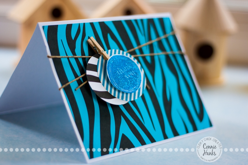 ClickyChickCreates.com // Thank You card using zebra print, jute, clothespins and punches