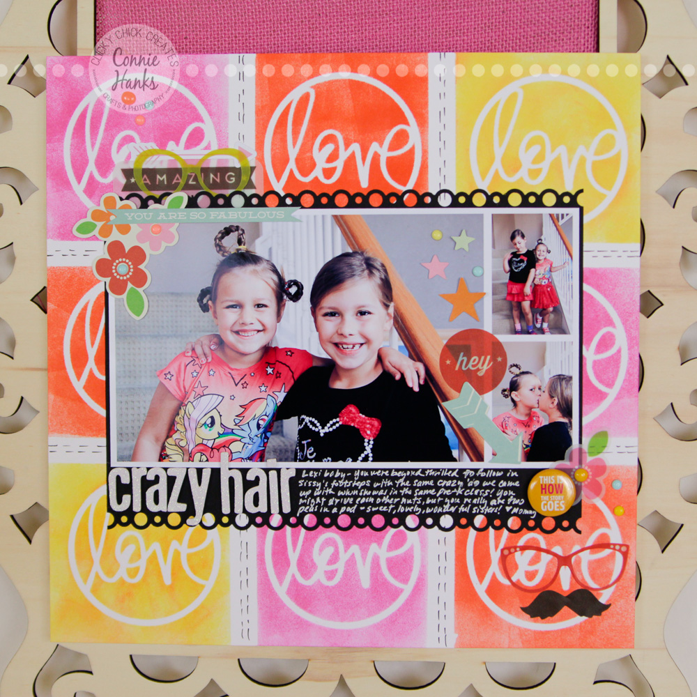 ClickyChickCreates.com // Playground Besties (everyday moments / real life) scrapbook layout distress inks, masks, stencils, love, circle, arrows, hearts, glasses, mustache, Heidi Swapp,