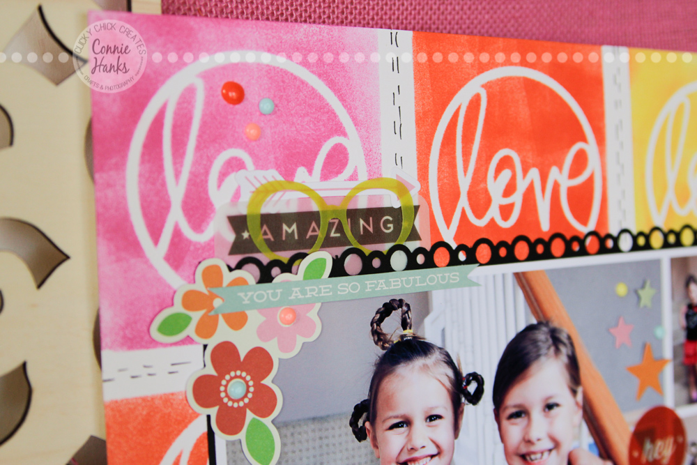 ClickyChickCreates.com // Playground Besties (everyday moments / real life) scrapbook layout distress inks, masks, stencils, love, circle, arrows, hearts, glasses, mustache, Heidi Swapp, 