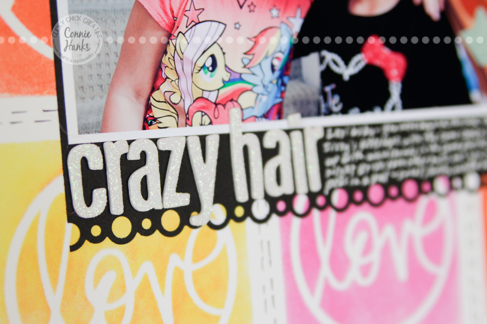 ClickyChickCreates.com // Playground Besties (everyday moments / real life) scrapbook layout distress inks, masks, stencils, love, circle, arrows, hearts, glasses, mustache, Heidi Swapp, 