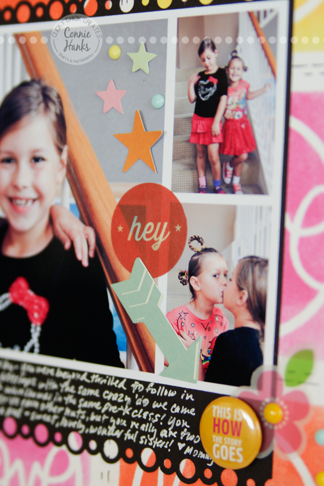 ClickyChickCreates.com // Playground Besties (everyday moments / real life) scrapbook layout distress inks, masks, stencils, love, circle, arrows, hearts, glasses, mustache, Heidi Swapp, 