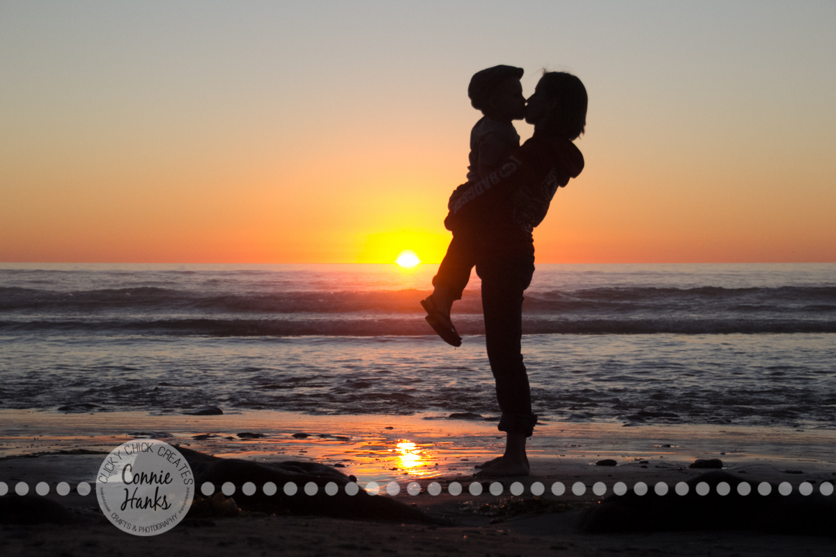 Connie Hanks Photography // ClickyChickCreates.com // Beach Silhouette, mother, son, child, beach, sunset