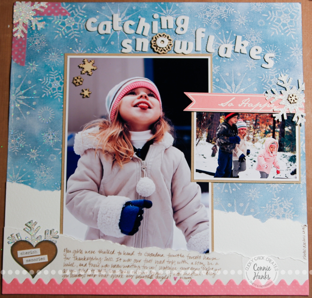 Connie Hanks Photography // ClickyChickCreates.com // Catching Snowflakes scrapbook layout