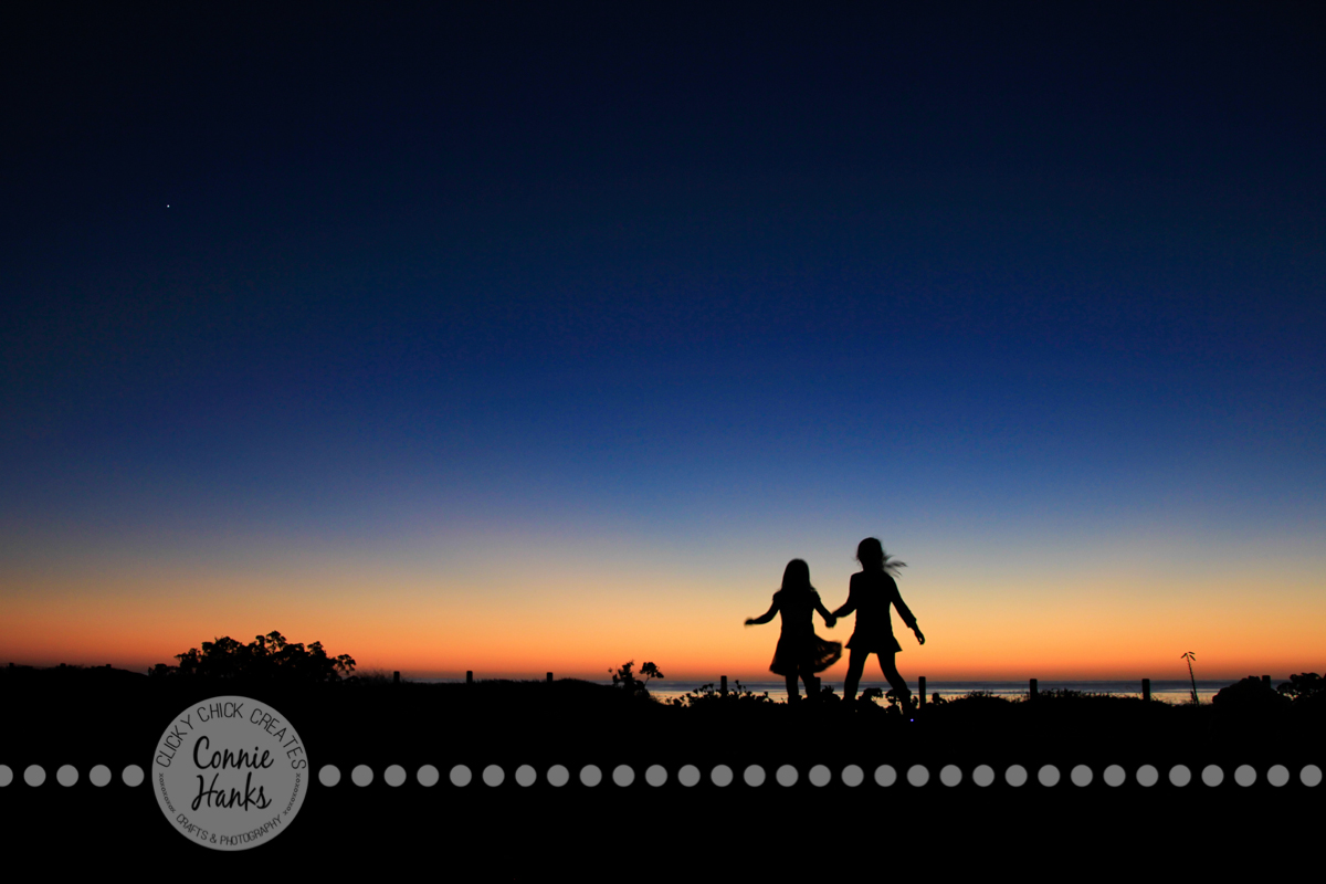 Connie Hanks Photography // ClickyChickCreates.com // Beach Silhouette, sisters, daughters, girls, kids, beach, sunset