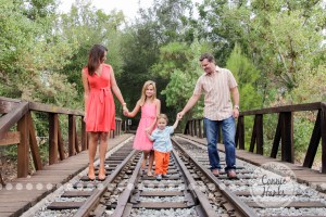 Connie Hanks Photography // ClickyChickCreates.com // Family Photography, Old Poway Park, rustic, park, train, tracks, grass, siblings, coordinated family, salmon, orange, pink, lovely
