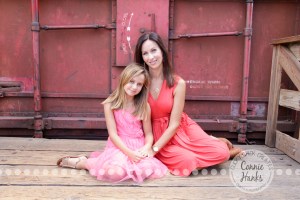 Connie Hanks Photography // ClickyChickCreates.com // Family Photography, Old Poway Park, rustic, park, train, tracks, grass, siblings, coordinated family, salmon, orange, pink, lovely