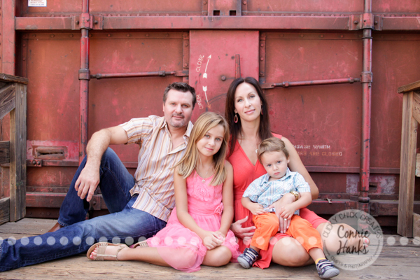 Connie Hanks Photography // ClickyChickCreates.com // Family Photography, Old Poway Park, rustic, park, train, tracks, grass, siblings, coordinated family, salmon, orange, pink, lovely