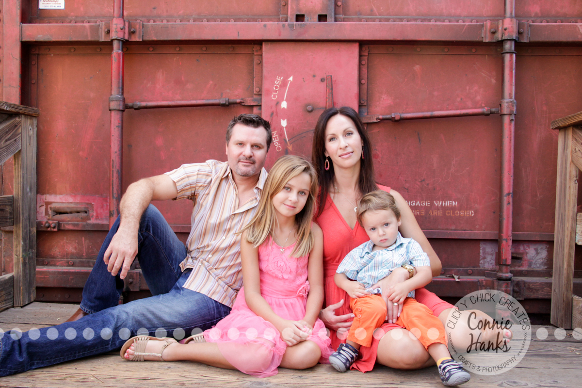 Connie Hanks Photography // ClickyChickCreates.com // Family Photography, Old Poway Park, rustic, park, train, tracks, grass, siblings, coordinated family, salmon, orange, pink, lovely