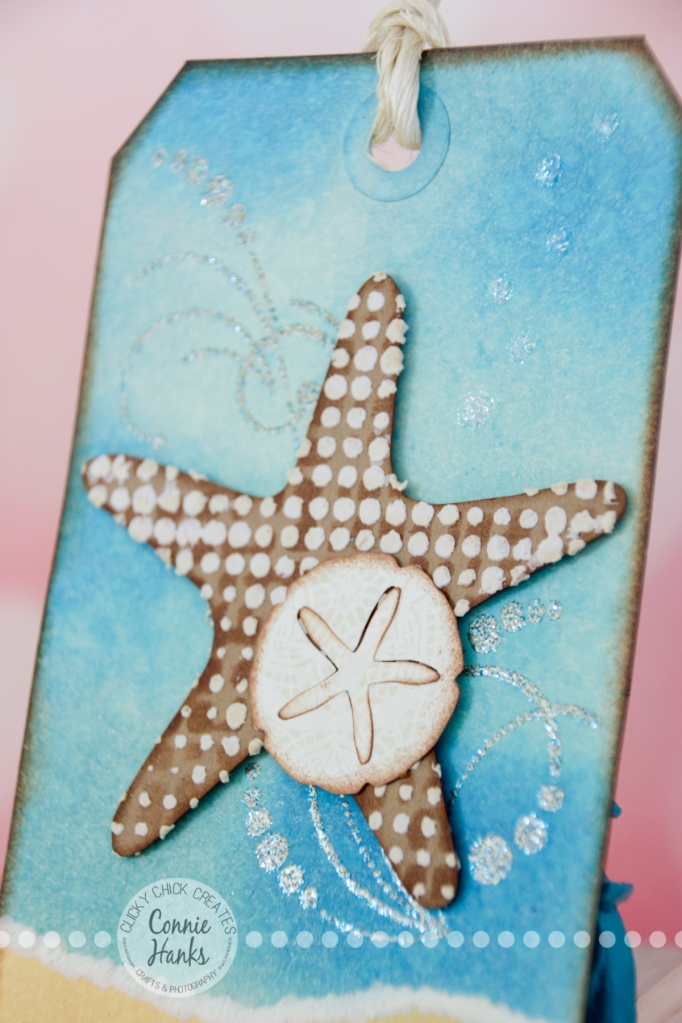 Connie Hanks Photography // ClickyChickCreates.com // Beach inspired tag, blending, embossing, stencils, templates, texture, modeling paste, stamping, punching, distressing and more! 