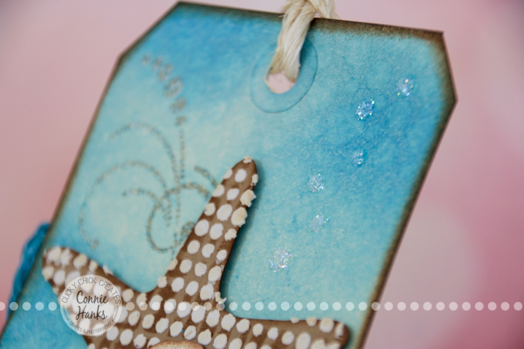Connie Hanks Photography // ClickyChickCreates.com // Beach inspired tag, blending, embossing, stencils, templates, texture, modeling paste, stamping, punching, distressing and more! 