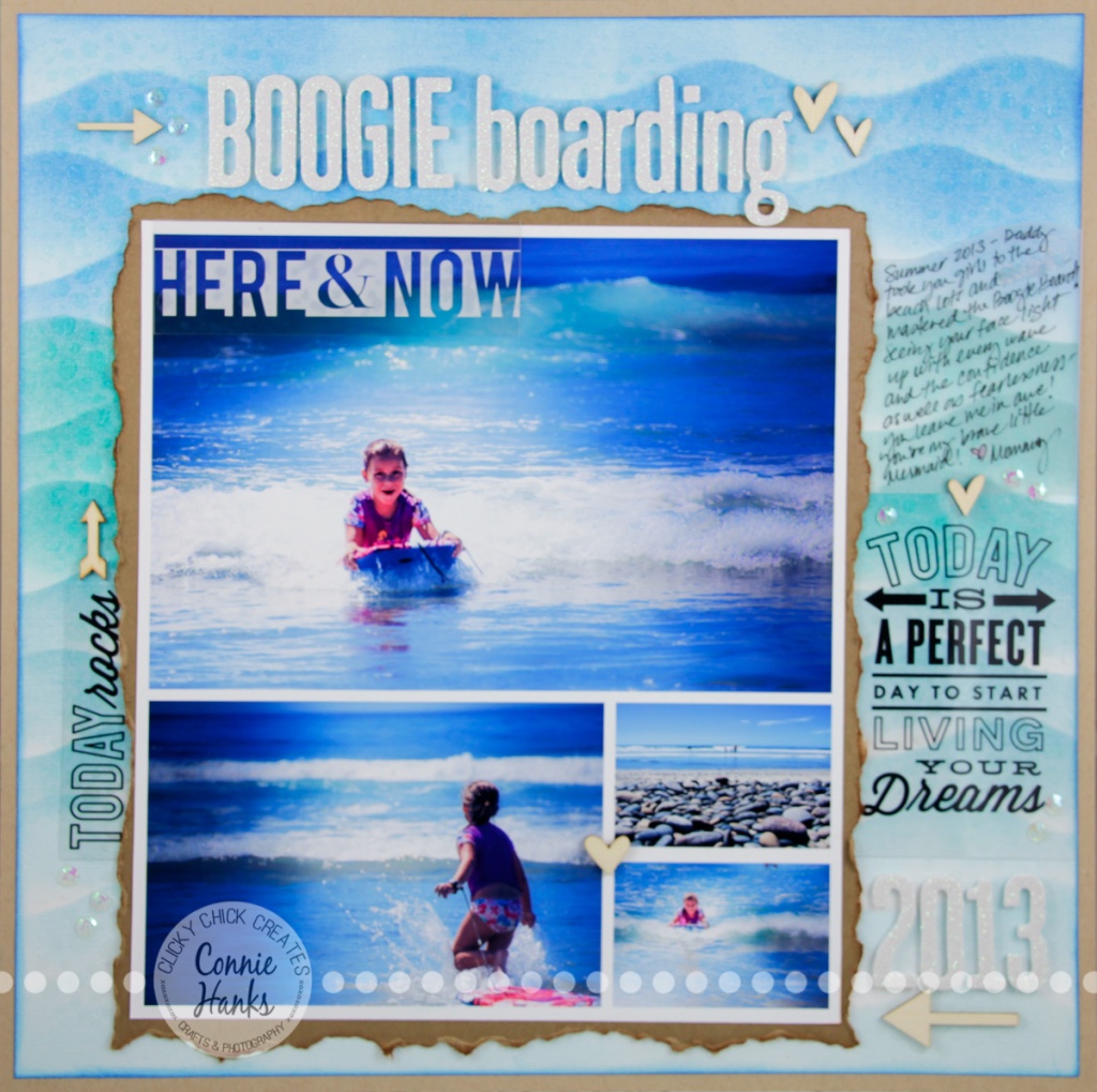 Connie Hanks Photography // ClickyChickCreates.com // Beach inspired scrapbook layout, blending, stencils, texture, embossing paste, distressing and more!