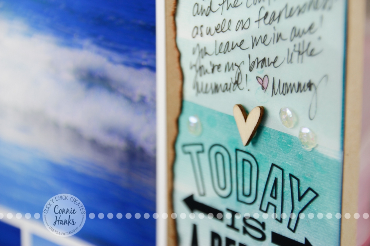 Connie Hanks Photography // ClickyChickCreates.com // Beach inspired scrapbook layout, blending, stencils, texture, embossing paste, distressing and more!
