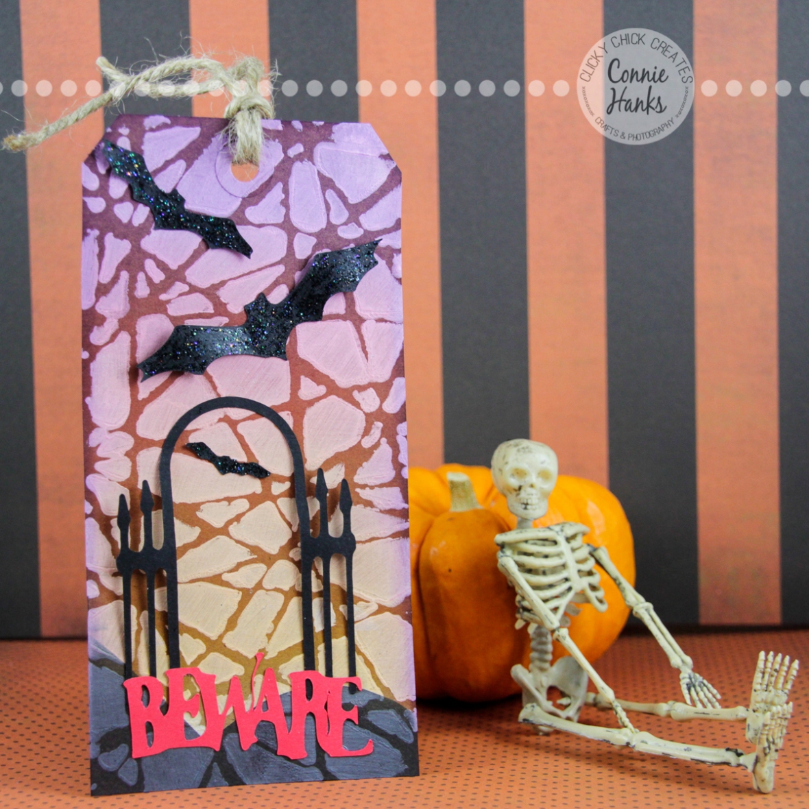 Connie Hanks Photography // ClickyChickCreates.com // Halloween Tags, ghostess hostess gift, bats, gate, beware, spooky, shattered, Tim Holtz Distress Ink, Ranger Ink, Slice, gesso