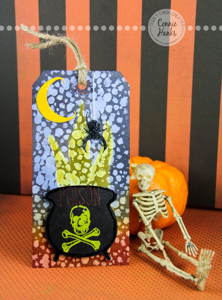 Connie Hanks Photography // ClickyChickCreates.com // Halloween Tags, ghostess hostess gift, cauldron, brew, spider, crescent moon, poison, spooky, bubbles, Dylusions, Tim Holtz Distress Ink, Ranger Ink, Slice, gesso