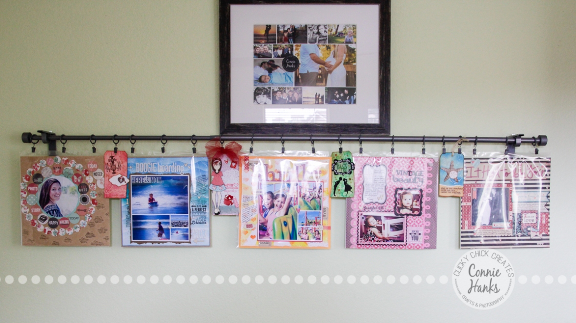 Connie Hanks Photography // ClickyChickCreates.com // easy wall display for scrapbook layouts, tags, cards and more!