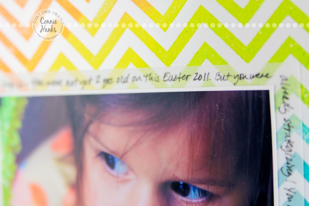 Connie Hanks Photography // ClickyChickCreates.com //Easter scrapbook layout, easy layers, Easter, no more, Heidi Swapp, color magic, layered eggs, chevrons