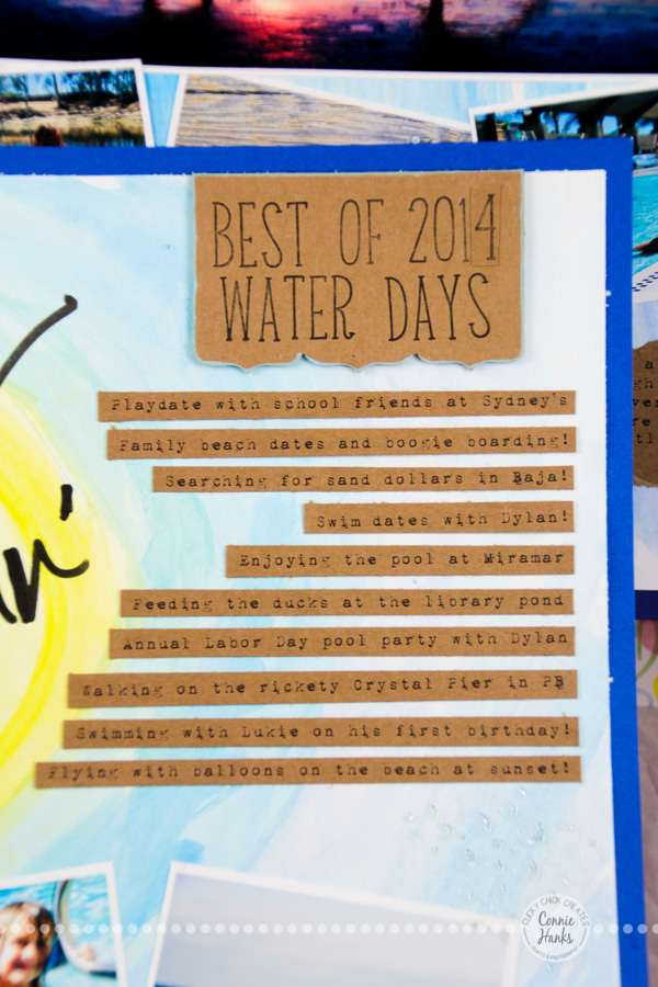 Connie Hanks Photography // ClickyChickCreates.com //Summer Splashin' scrapbook layout, gelatos, glass beads, beach, pool, pond, sunset, silhouettes, friends, family, cousins, sand dollar hunting, laying out