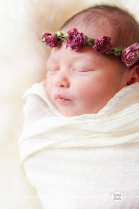 Connie Hanks Photography // ClickyChickCreates.com // baby girl, newborn photo session - sleeping baby, pearls, roses, head wreath, basket
