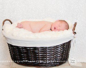 Connie Hanks Photography // ClickyChickCreates.com // baby girl, newborn photo session - sleeping baby, pearls, roses, head wreath, basket