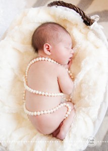 Connie Hanks Photography // ClickyChickCreates.com // baby girl, newborn photo session - sleeping baby, pearls, roses, head wreath, basket