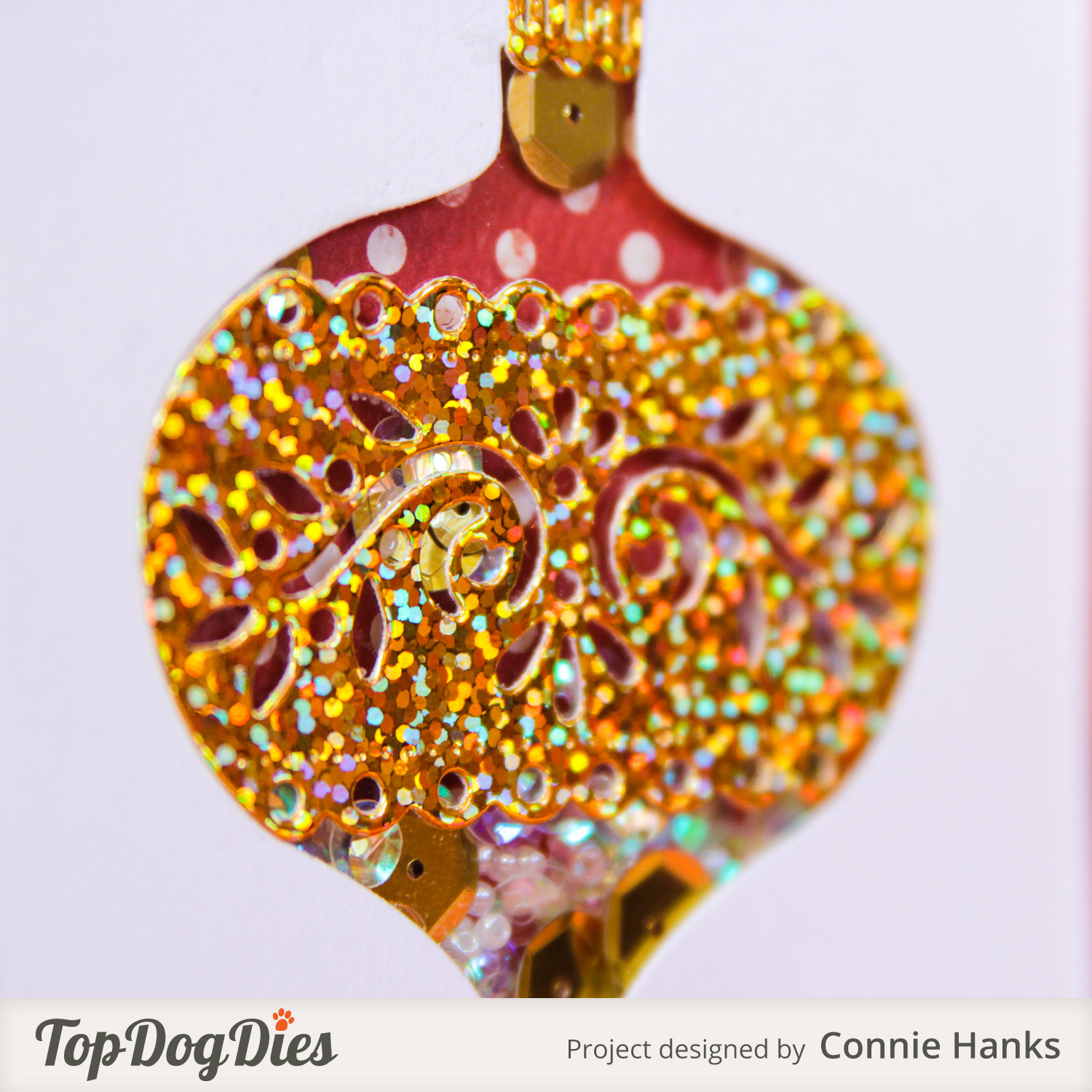 Connie Hanks Photography // ClickyChickCreates.com // Christmas shaker card using Top Dog Dies, Christmas ornament, Christmas shaker, shaker card, video, tutorial