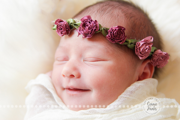 Connie Hanks Photography // ClickyChickCreates.com // baby girl, newborn photo session - sleeping baby, pearls, roses, head wreath, basket