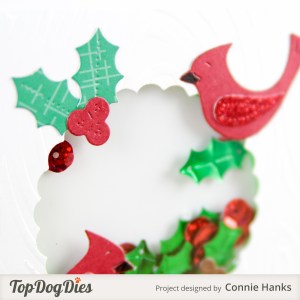Connie Hanks Photography // ClickyChickCreates.com // Christmas shaker card, cardinals, mistletoe, holly, Top Dog Dies