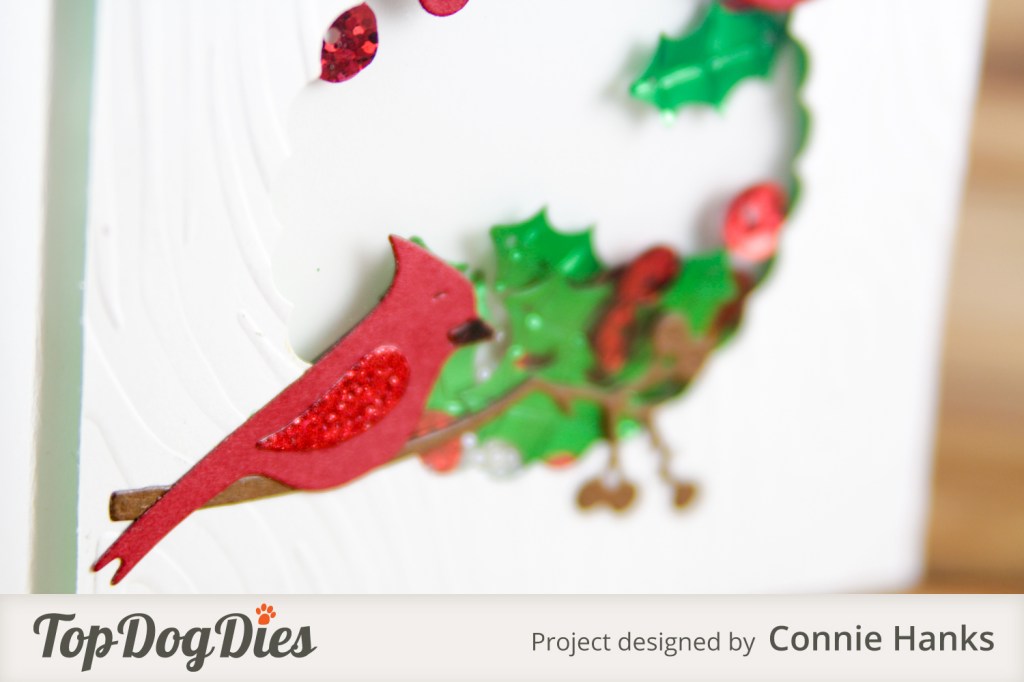 Connie Hanks Photography // ClickyChickCreates.com // Christmas shaker card, cardinals, mistletoe, holly, Top Dog Dies